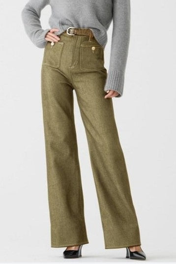 Patch Pocket High Rise Wide Leg Jeans - Olive