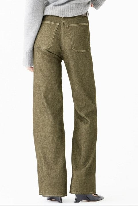 Patch Pocket High Rise Wide Leg Jeans - Olive - 1