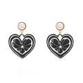 Enamel Heart Drop Earrings With Pearl - Black