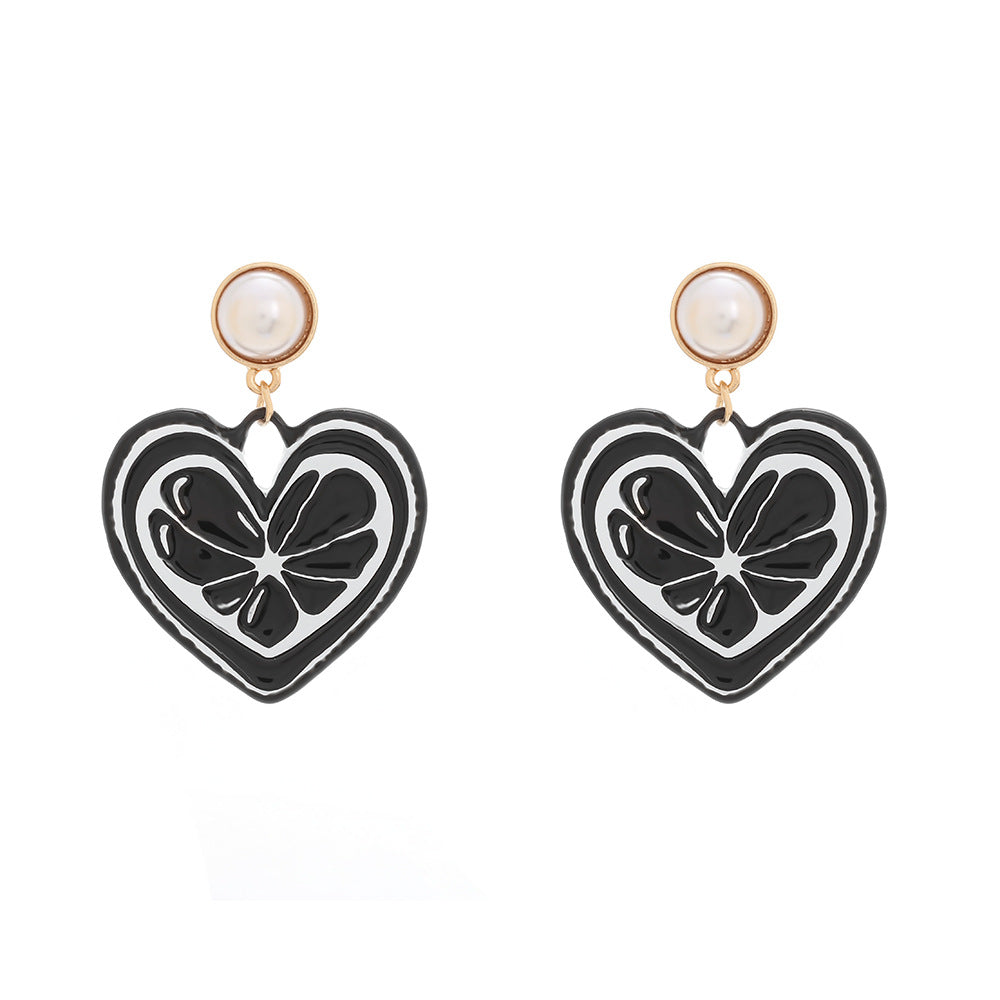 Enamel Heart Drop Earrings With Pearl - Black