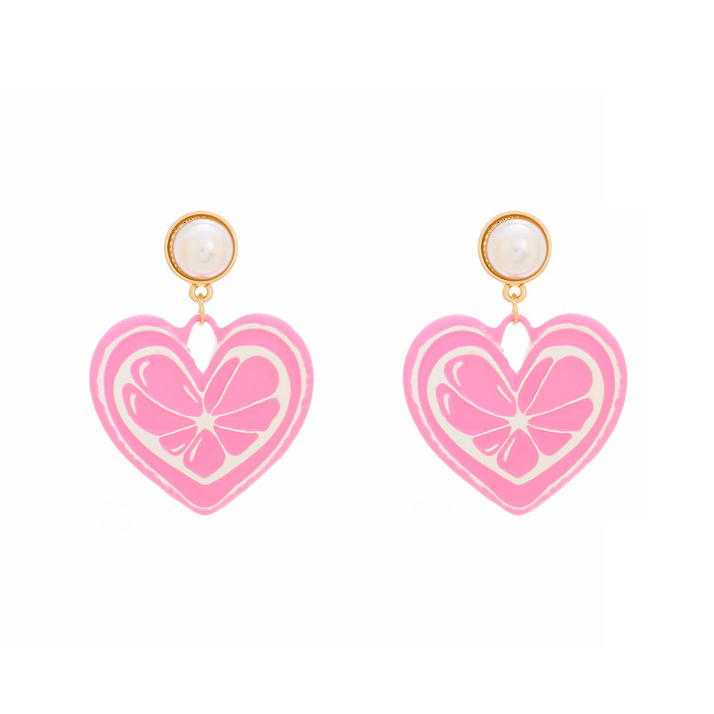 Enamel Heart Drop Earrings With Pearl - Pink