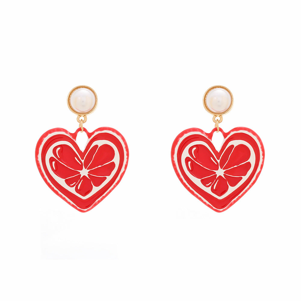 Enamel Heart Drop Earrings With Pearl - Red
