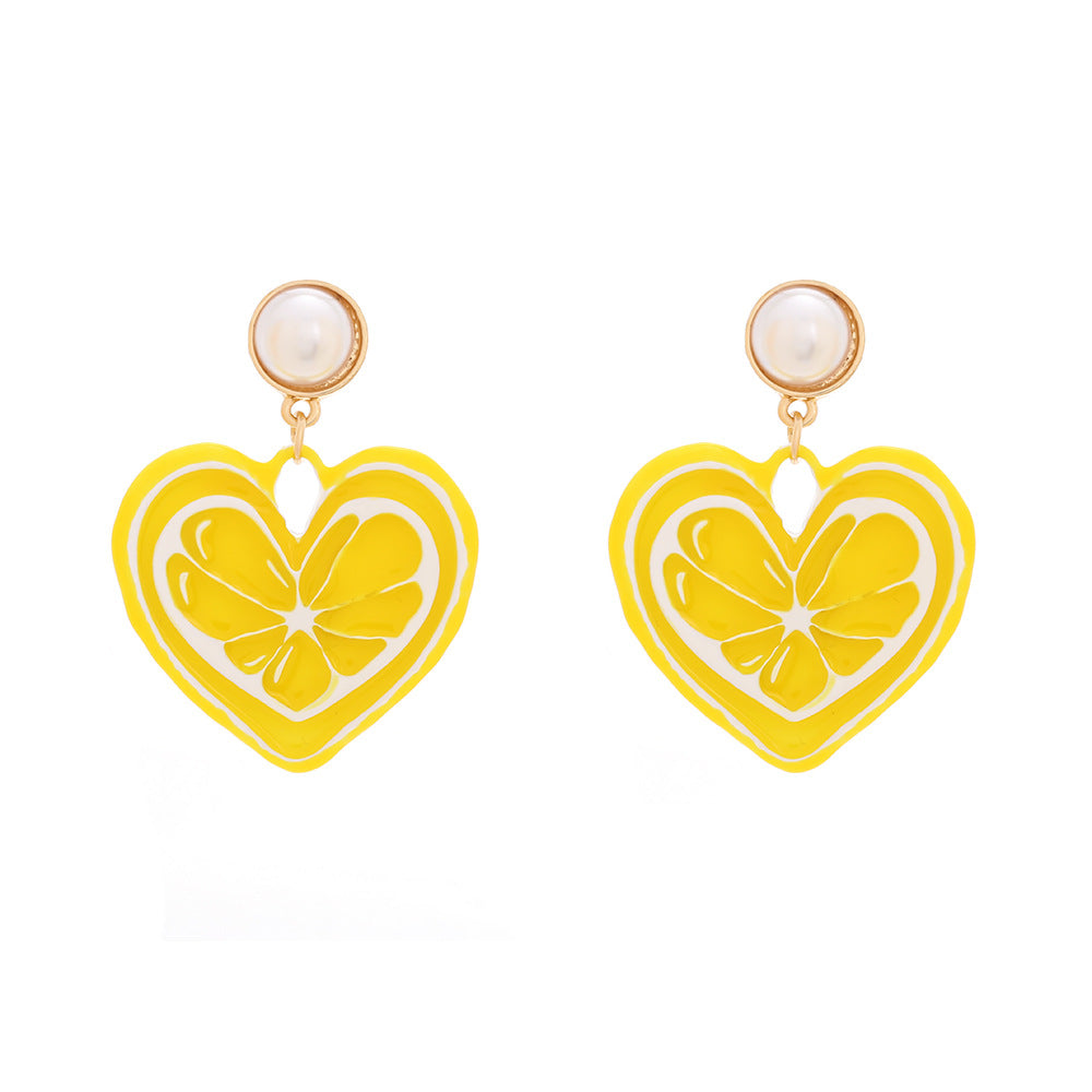Enamel Heart Drop Earrings With Pearl - Yellow
