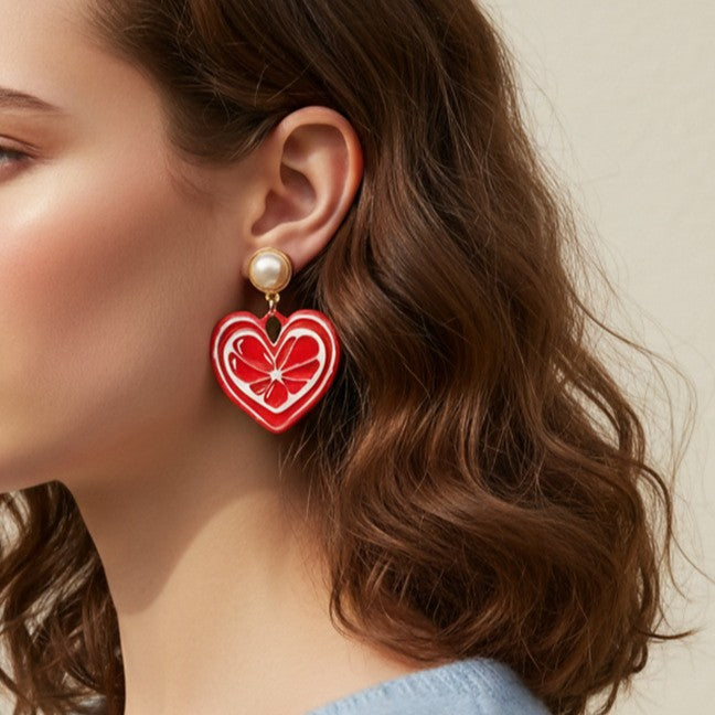 Enamel Heart Drop Earrings With Pearl