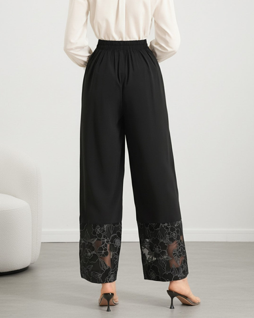 Embroidered Sheer Hem Wide Leg Trousers - Black