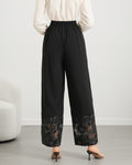 Embroidered Sheer Hem Wide Leg Trousers - Black