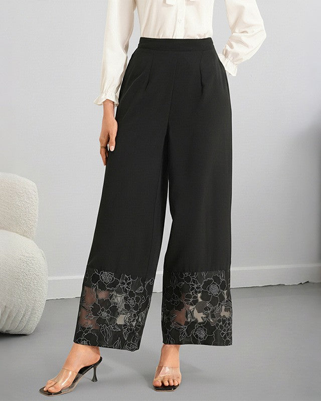 Embroidered Sheer Hem Wide Leg Trousers - Black - 1