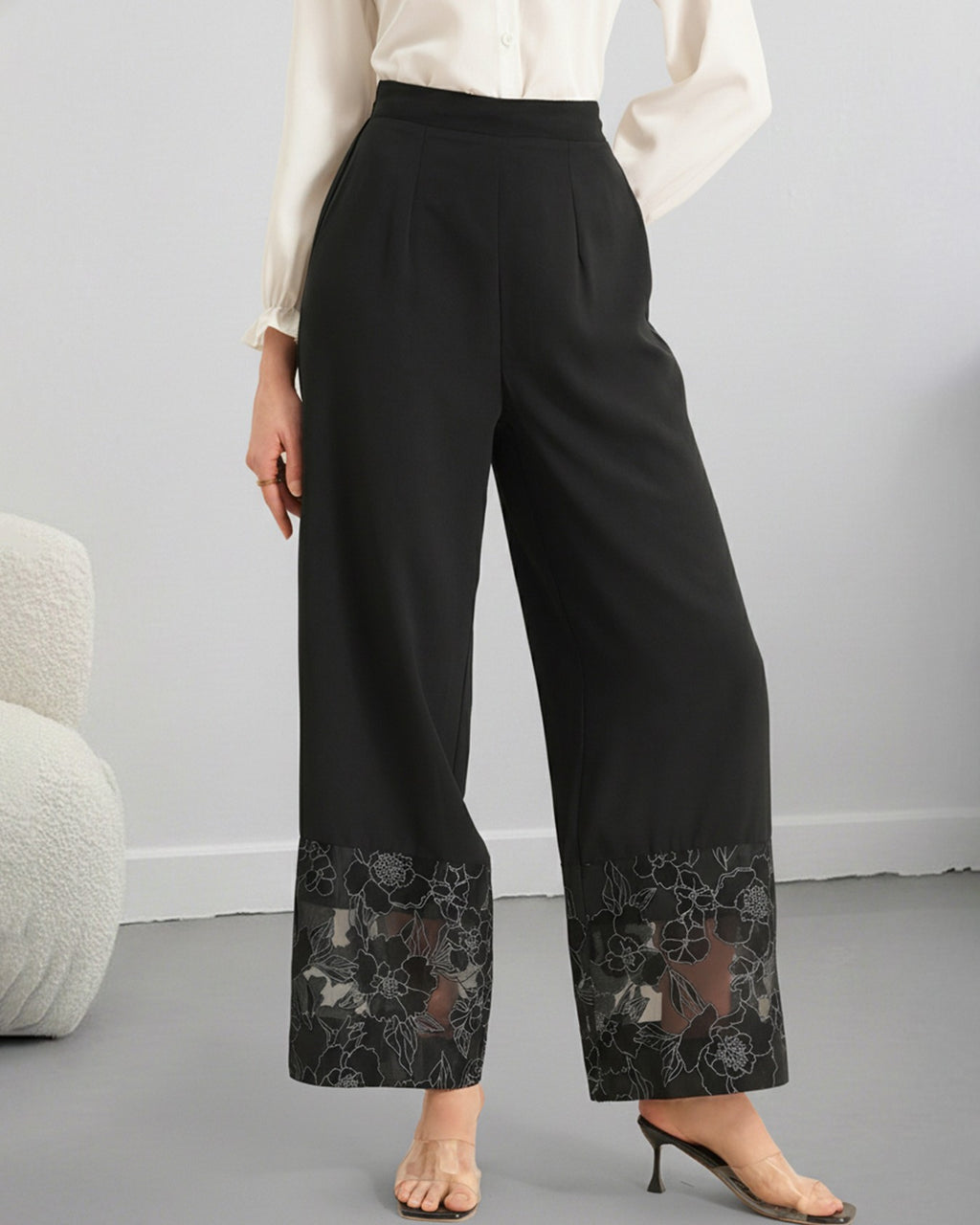 Embroidered Sheer Hem Wide Leg Trousers - Black - 2