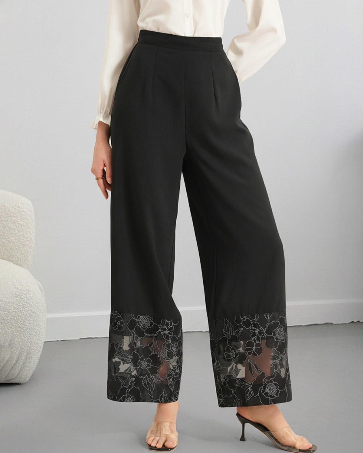 Embroidered Sheer Hem Wide Leg Trousers - Black - 2