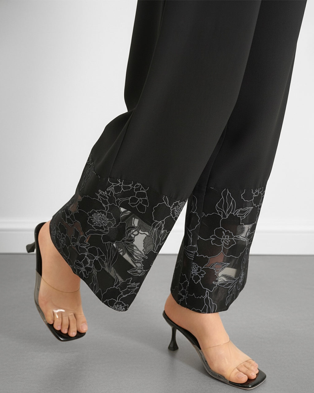 Embroidered Sheer Hem Wide Leg Trousers - Black - 3