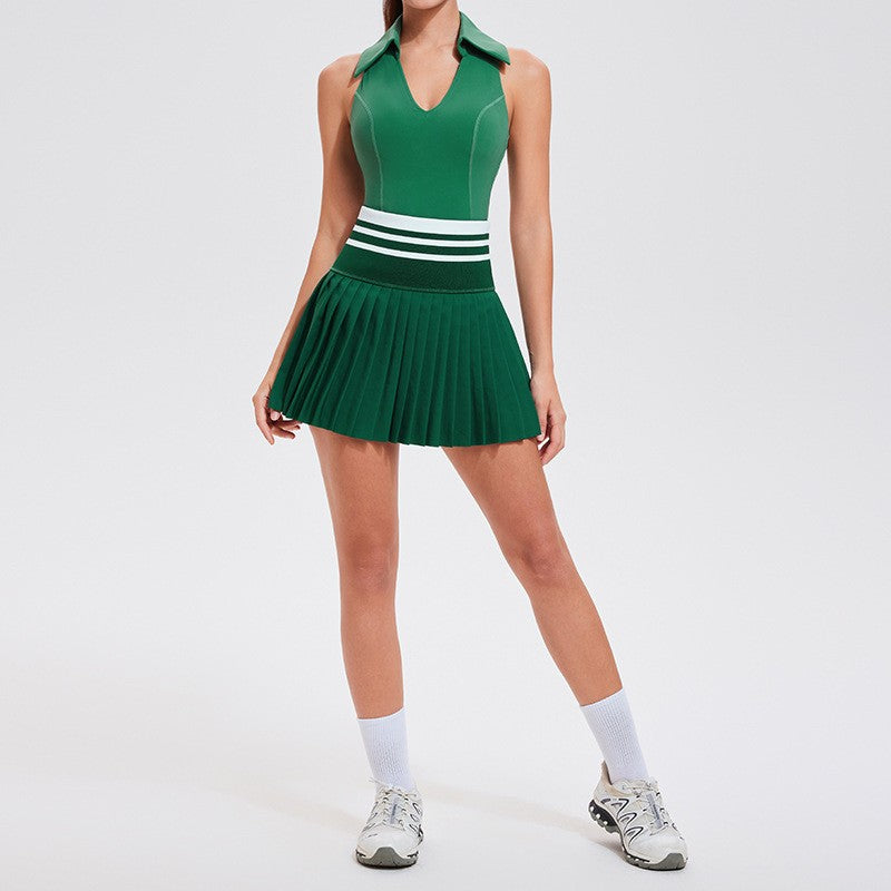 Polo Collar Tank and Striped Waist Tennis Skort Set - Field Green