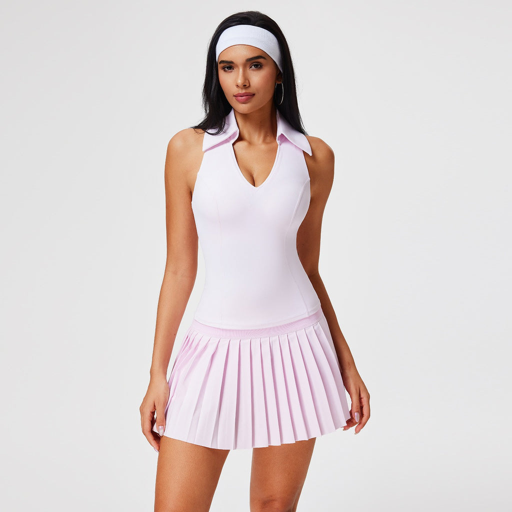 Polo Collar Tank and Striped Waist Tennis Skort Set