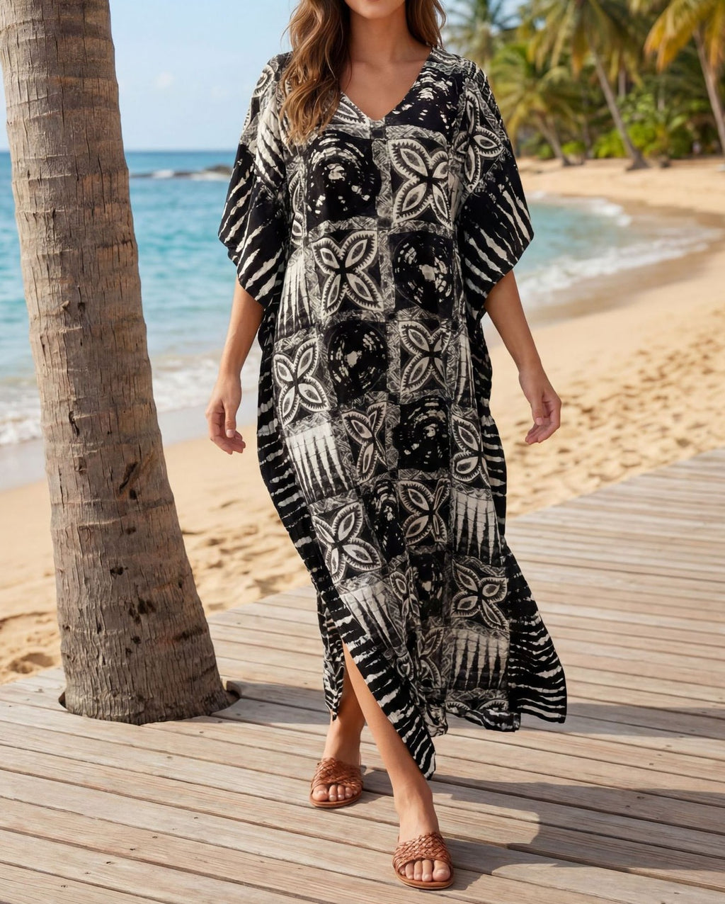 Batik Floral Print Kaftan Beach Cover Up - Black - 1