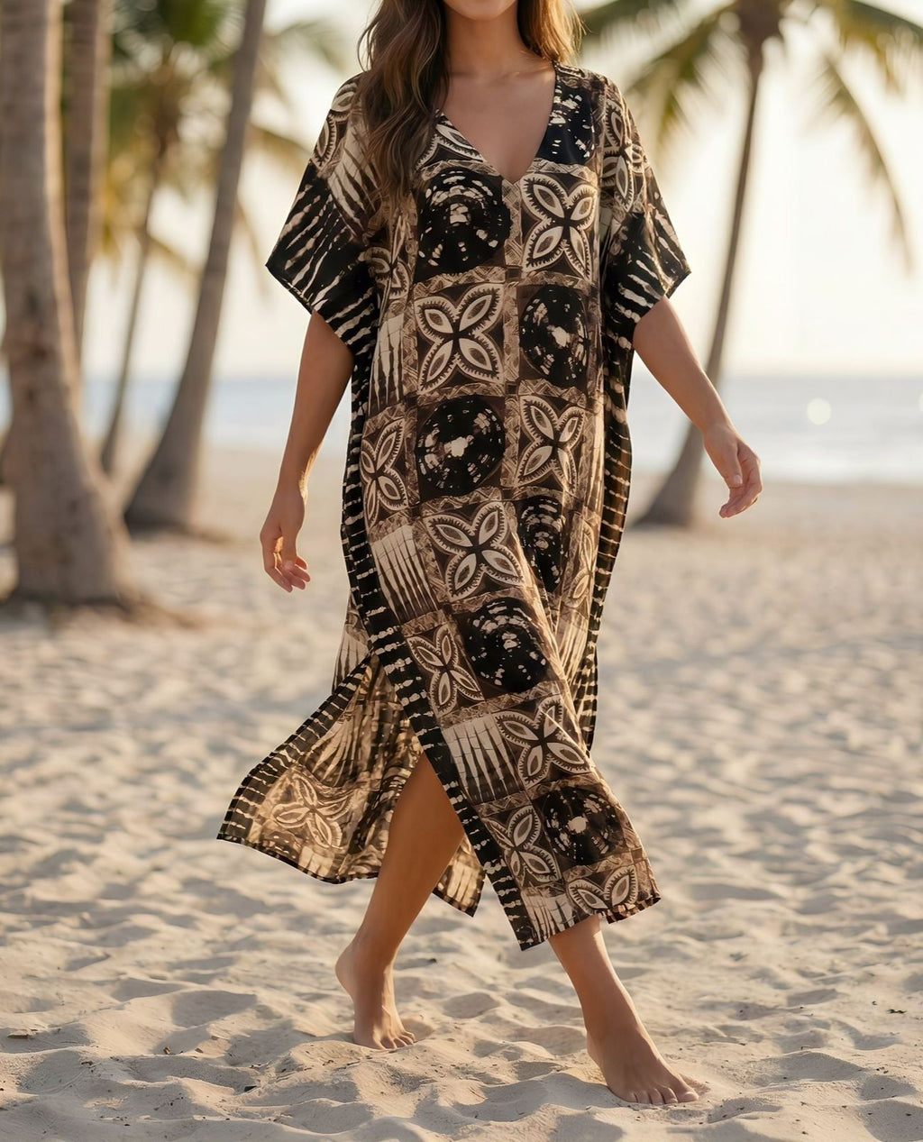 Batik Floral Print Kaftan Beach Cover Up - Brown