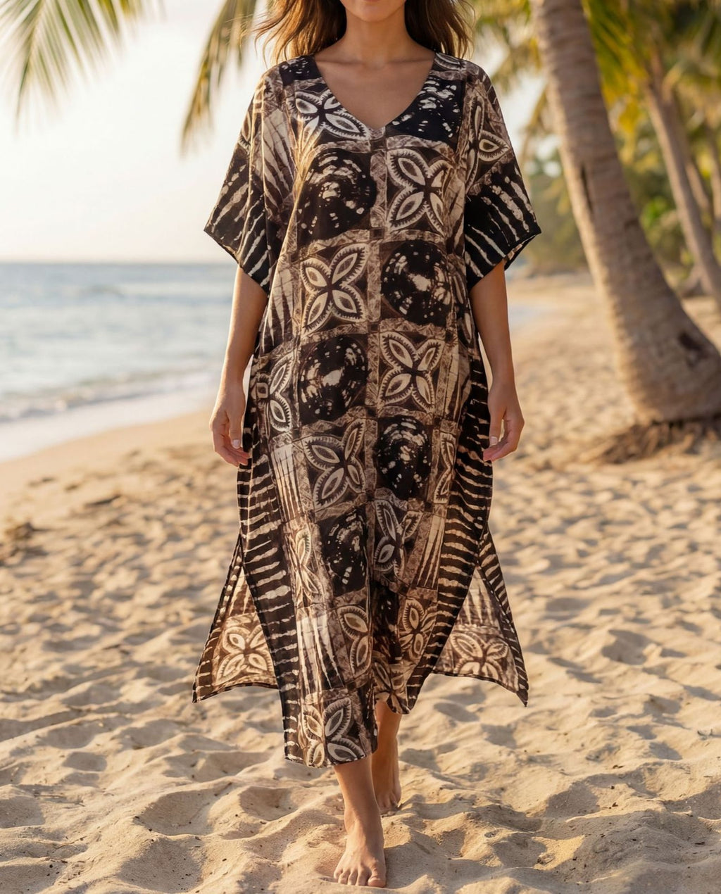 Batik Floral Print Kaftan Beach Cover Up - Brown - 2