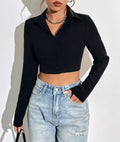 Cropped Open Back Tie Long Sleeve Button Shirt - Black