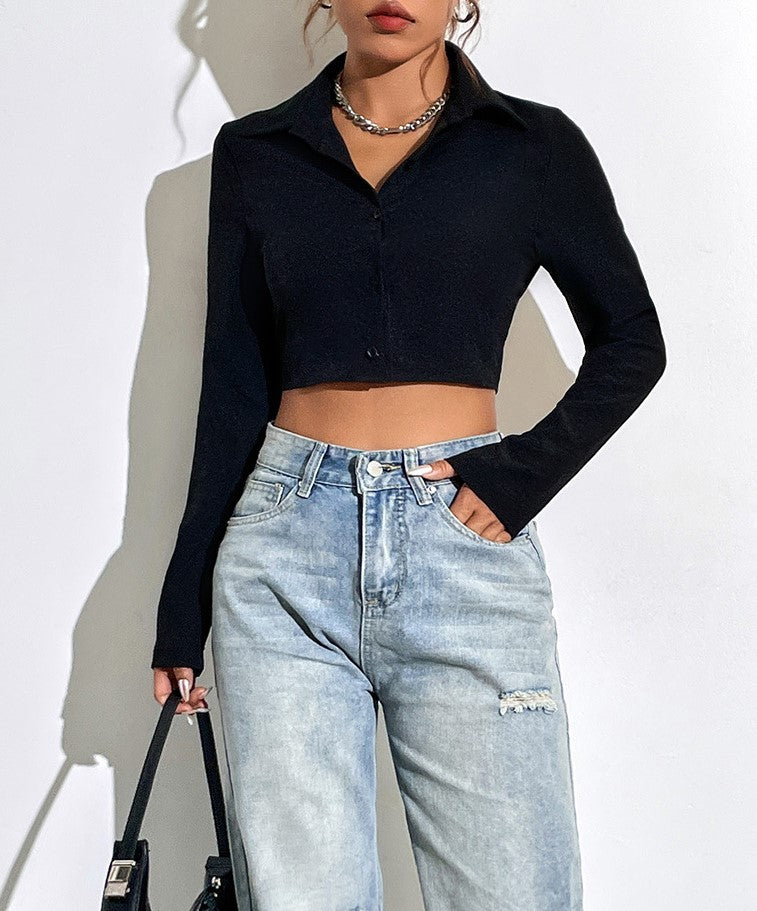 Cropped Open Back Tie Long Sleeve Button Shirt - Black - 5