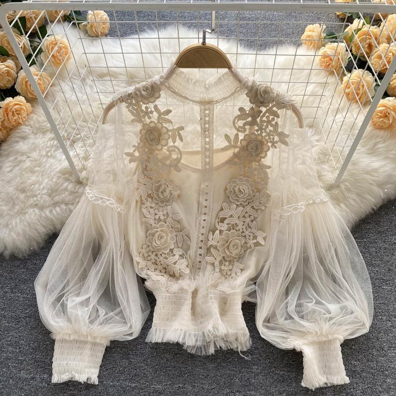 Sheer Lace Balloon Sleeve Blouse Set - Apricot
