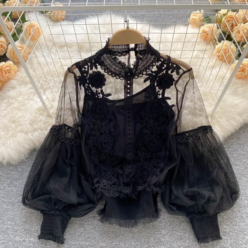 Sheer Lace Balloon Sleeve Blouse Set - Black