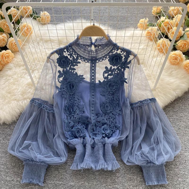 Sheer Lace Balloon Sleeve Blouse Set - Blue