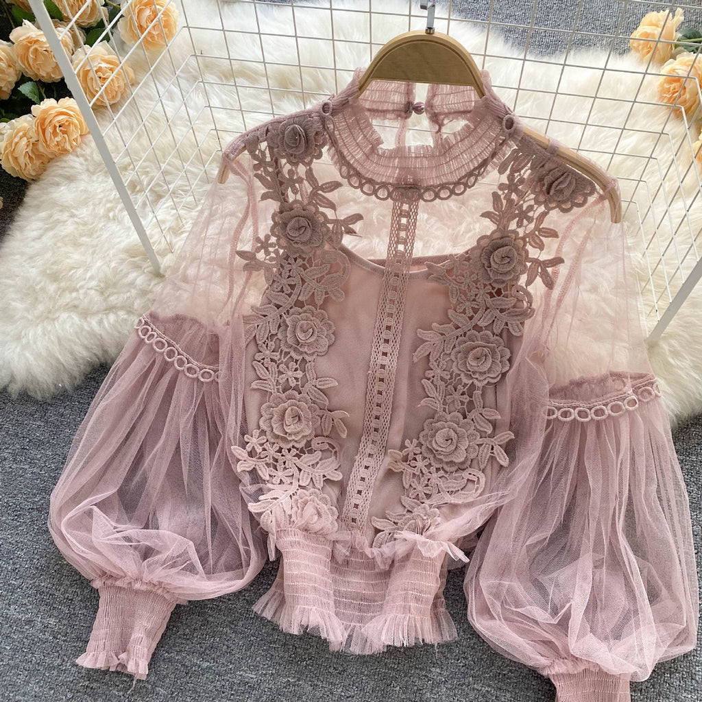 Sheer Lace Balloon Sleeve Blouse Set - Coral