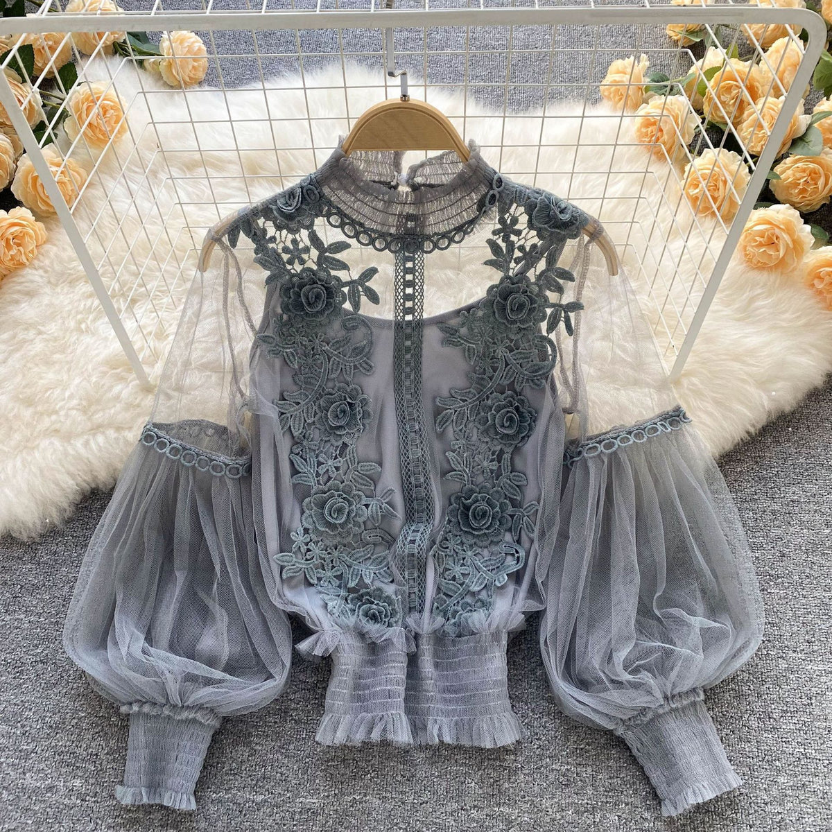 Sheer Lace Balloon Sleeve Blouse Set - Grey