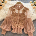 Sheer Lace Balloon Sleeve Blouse Set - Khaki