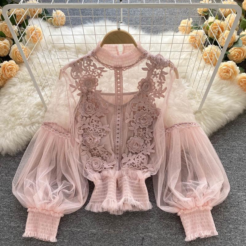 Sheer Lace Balloon Sleeve Blouse Set - Pink