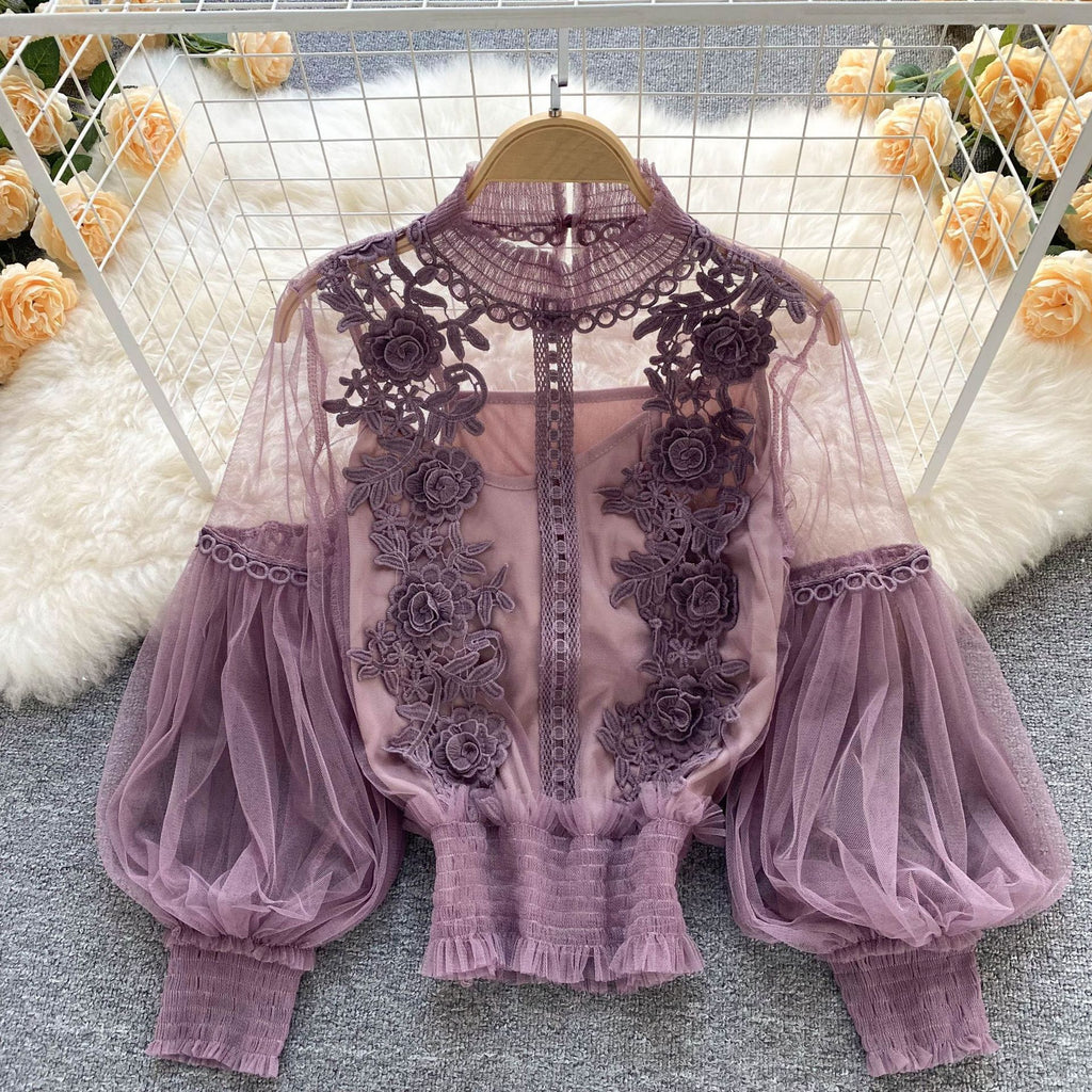 Sheer Lace Balloon Sleeve Blouse Set - Purple