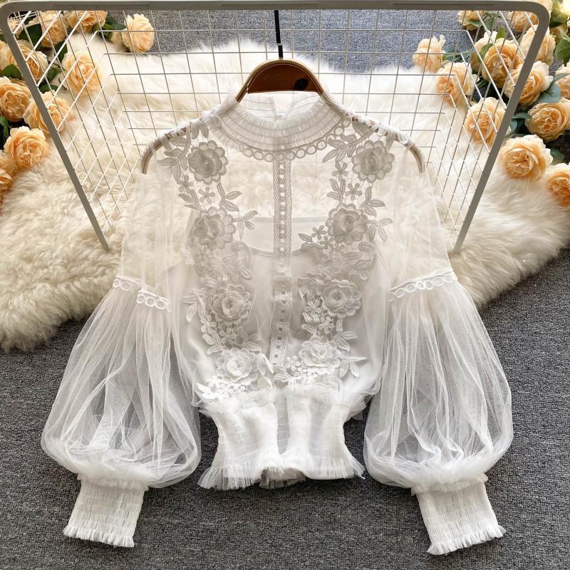 Sheer Lace Balloon Sleeve Blouse Set - White