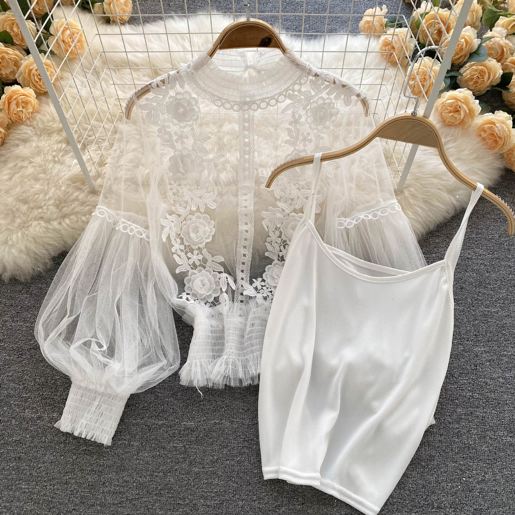 Sheer Lace Balloon Sleeve Blouse Set - White - 1