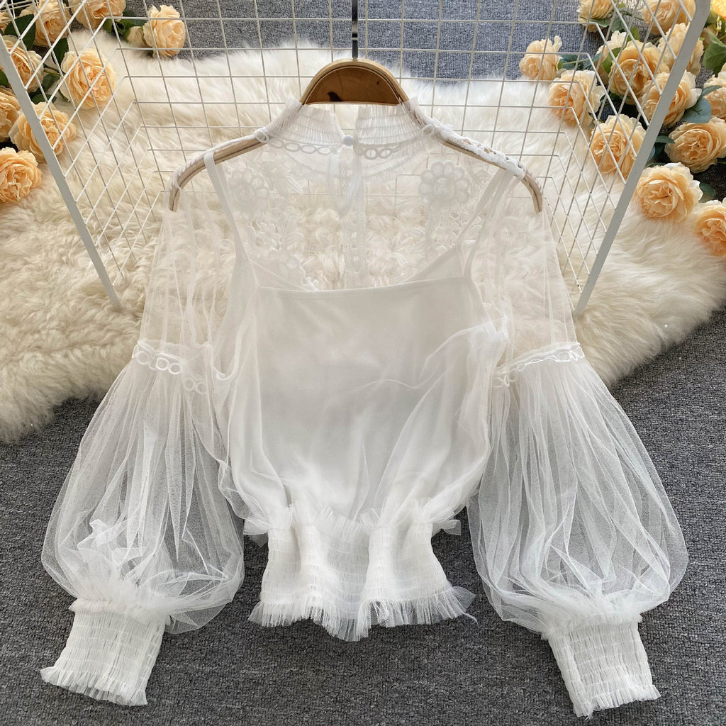 Sheer Lace Balloon Sleeve Blouse Set - White - 2