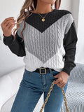 Cable Knit Chevron Colorblock Sweater - Grey