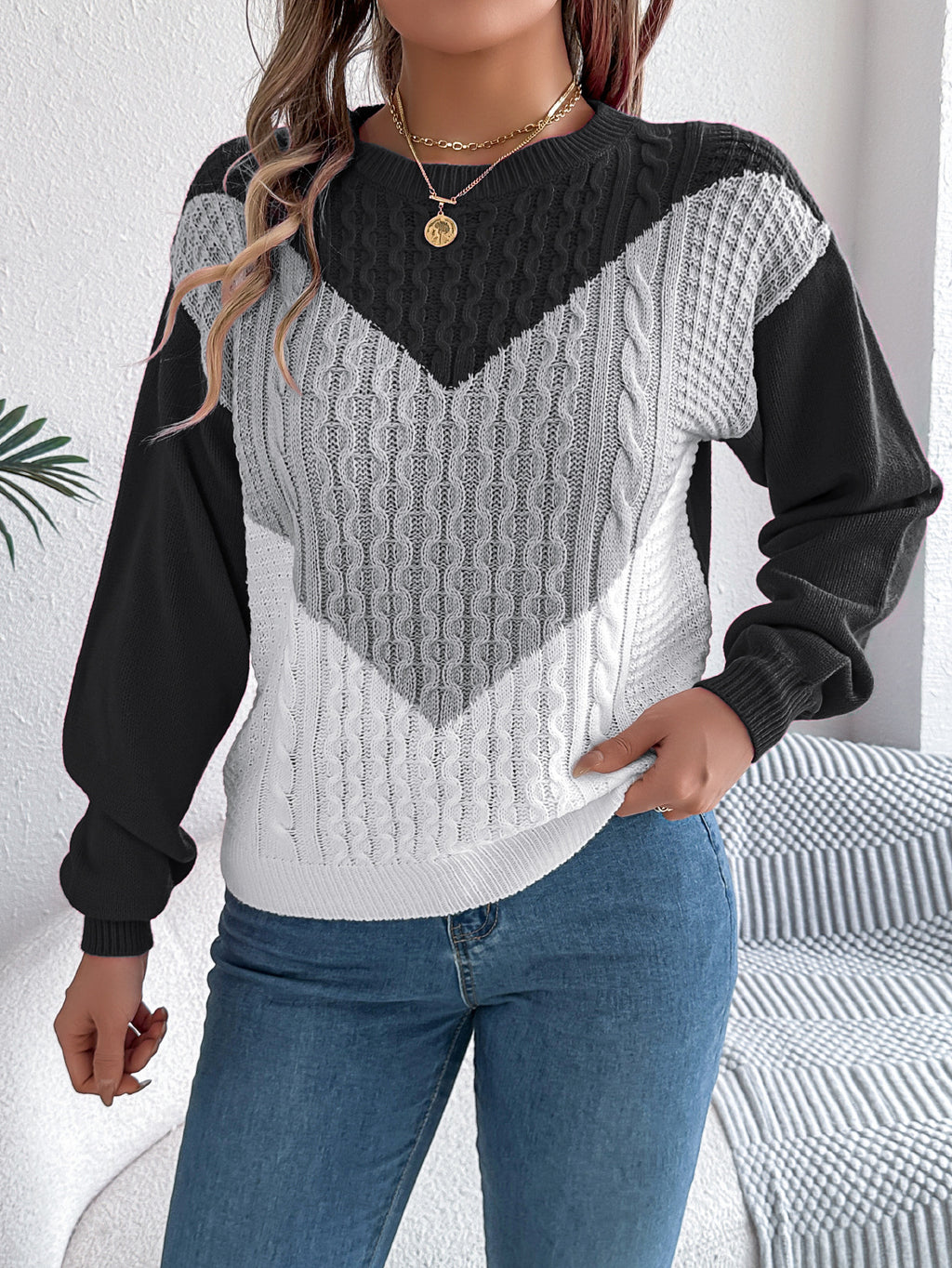 Cable Knit Chevron Colorblock Sweater - Grey - 1