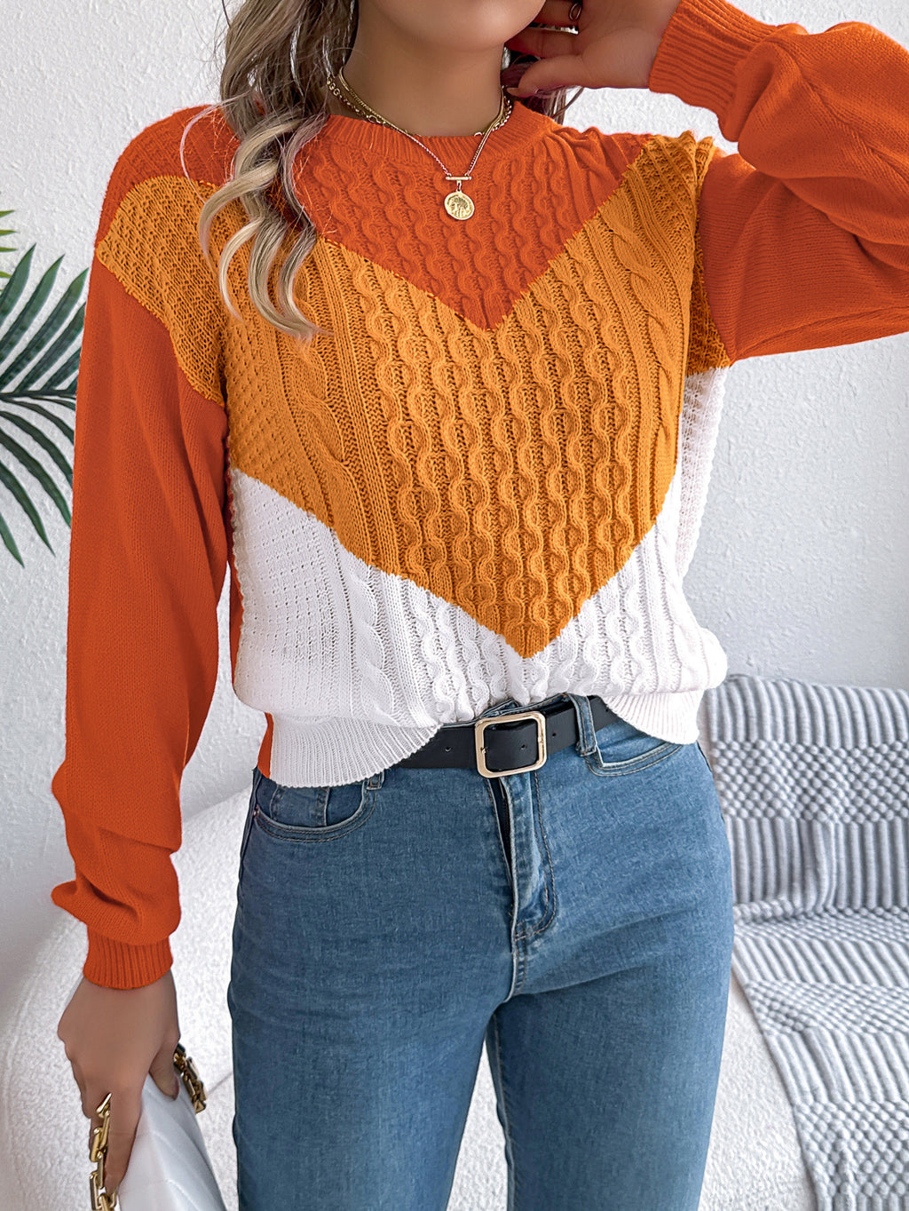 Cable Knit Chevron Colorblock Sweater - Orange