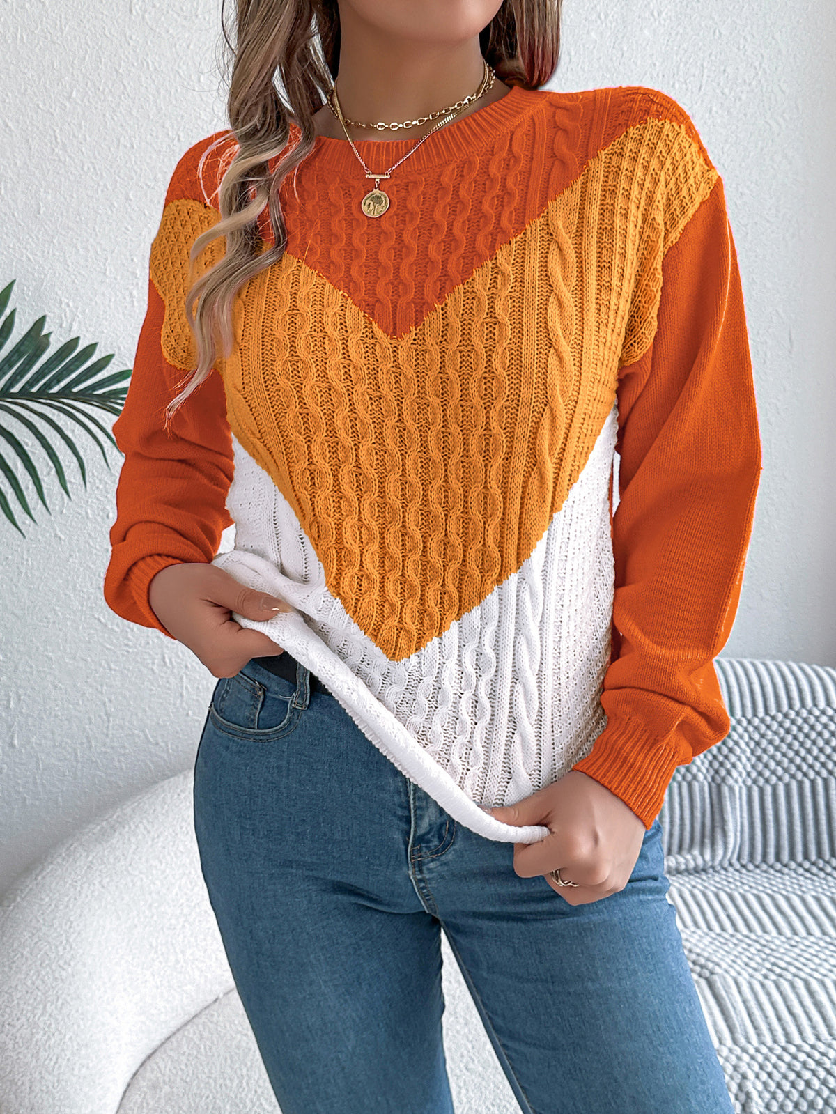 Cable Knit Chevron Colorblock Sweater - Orange - 1