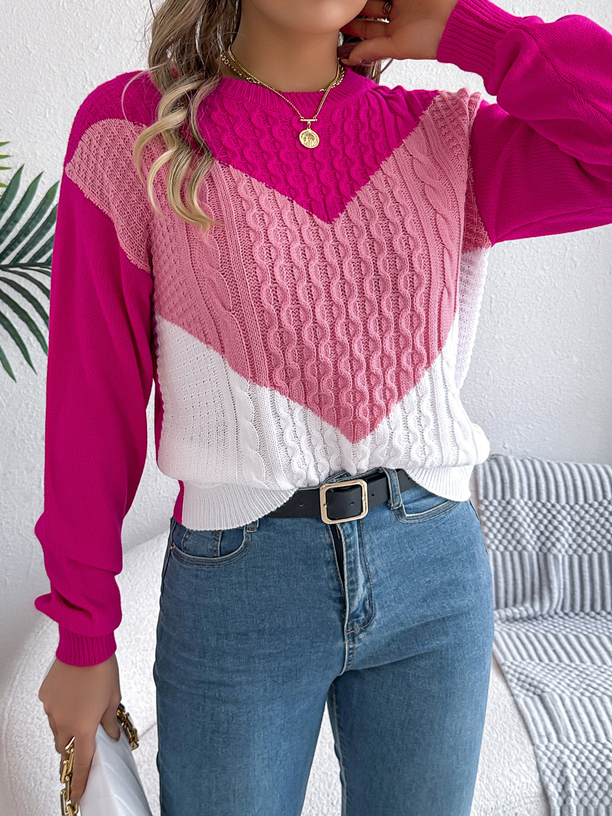 Cable Knit Chevron Colorblock Sweater - Pink