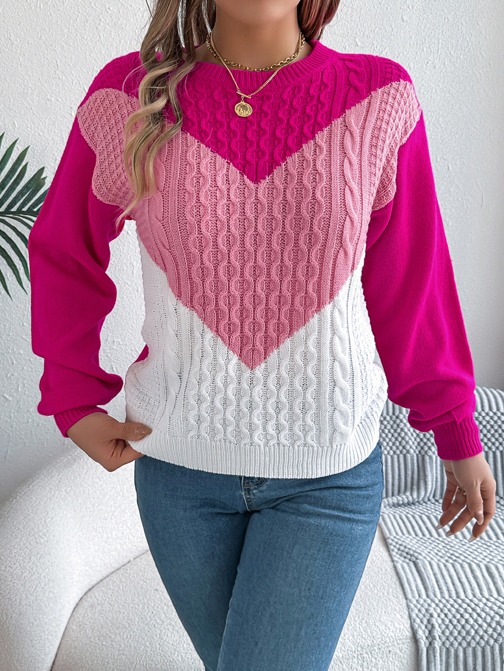 Cable Knit Chevron Colorblock Sweater - Pink - 1