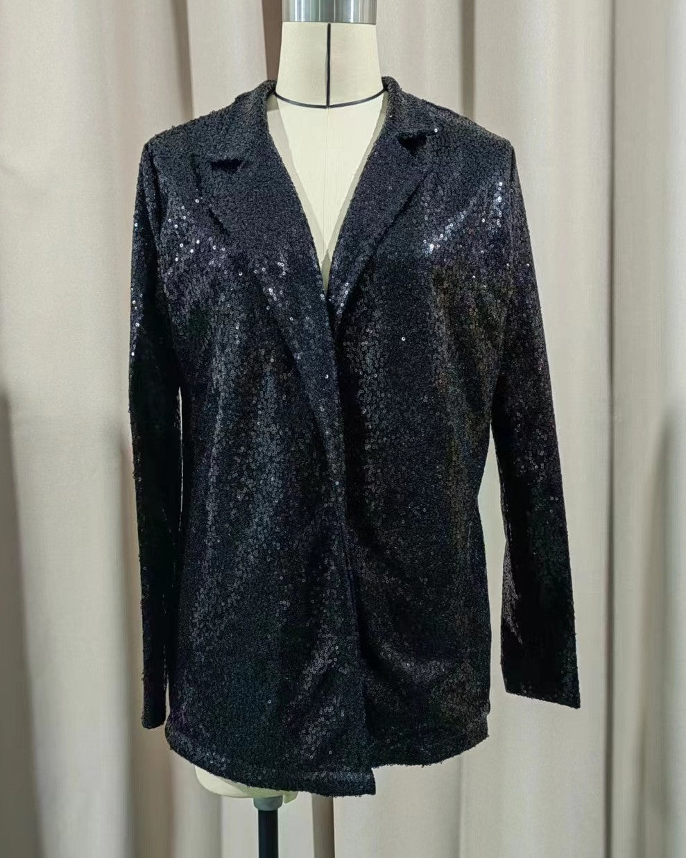 Sequin Lapel Open Front Party Blazer - Black