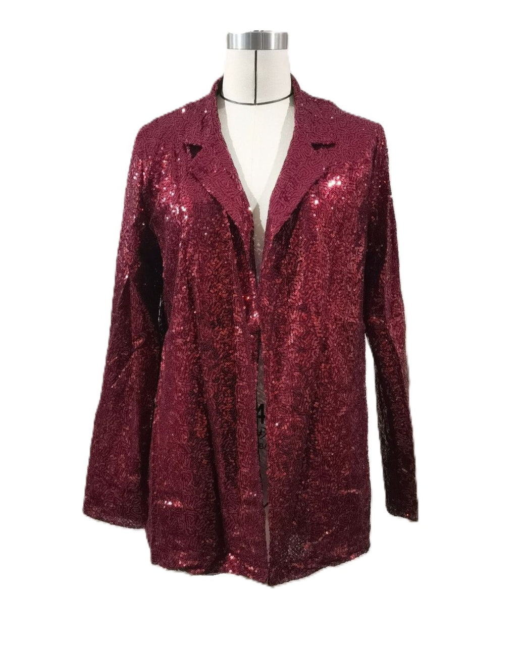 Sequin Lapel Open Front Party Blazer - Burgundy
