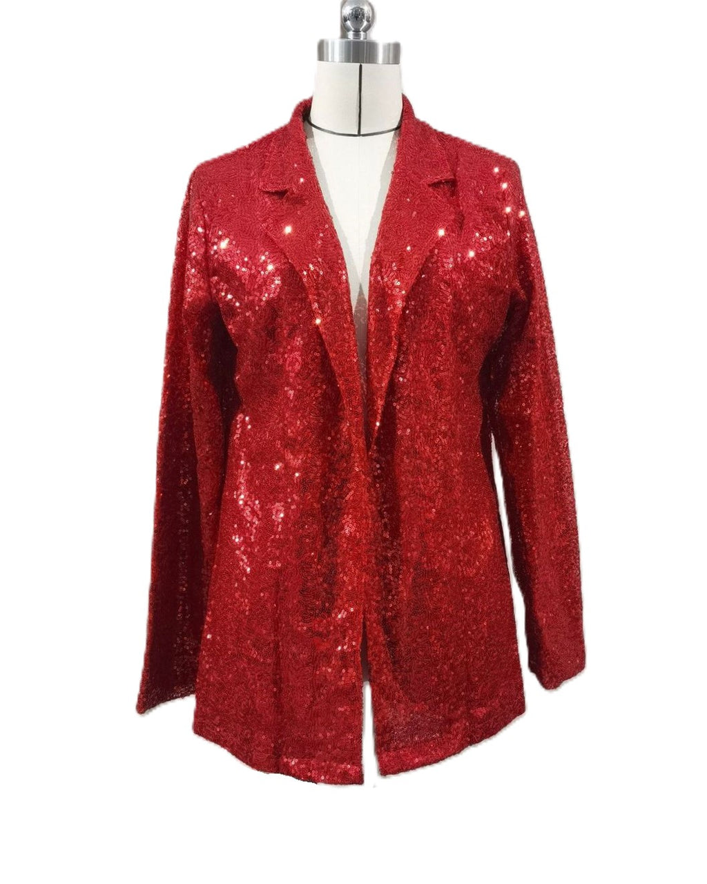 Sequin Lapel Open Front Party Blazer - Red