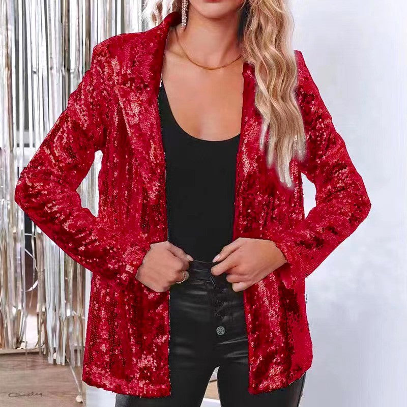 Sequin Lapel Open Front Party Blazer - Red - 1