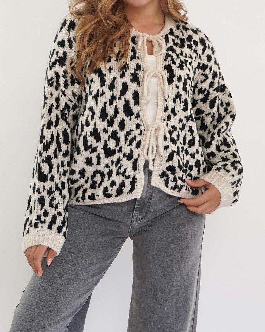 Fuzzy Leopard Knit Tie Front Cardigan - Black