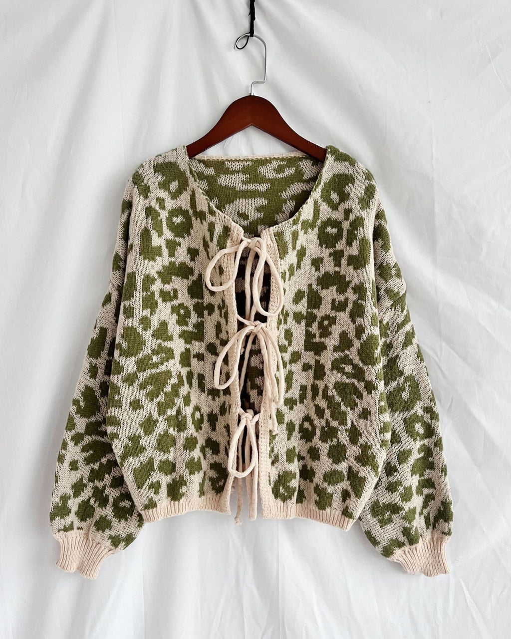 Fuzzy Leopard Knit Tie Front Cardigan - Green