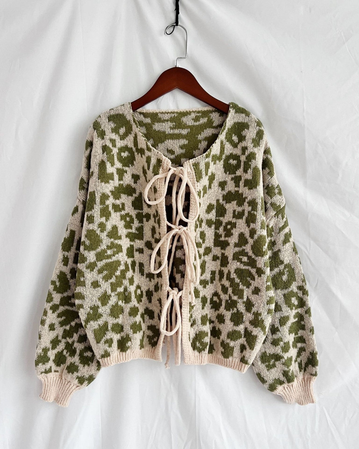 Fuzzy Leopard Knit Tie Front Cardigan - Green
