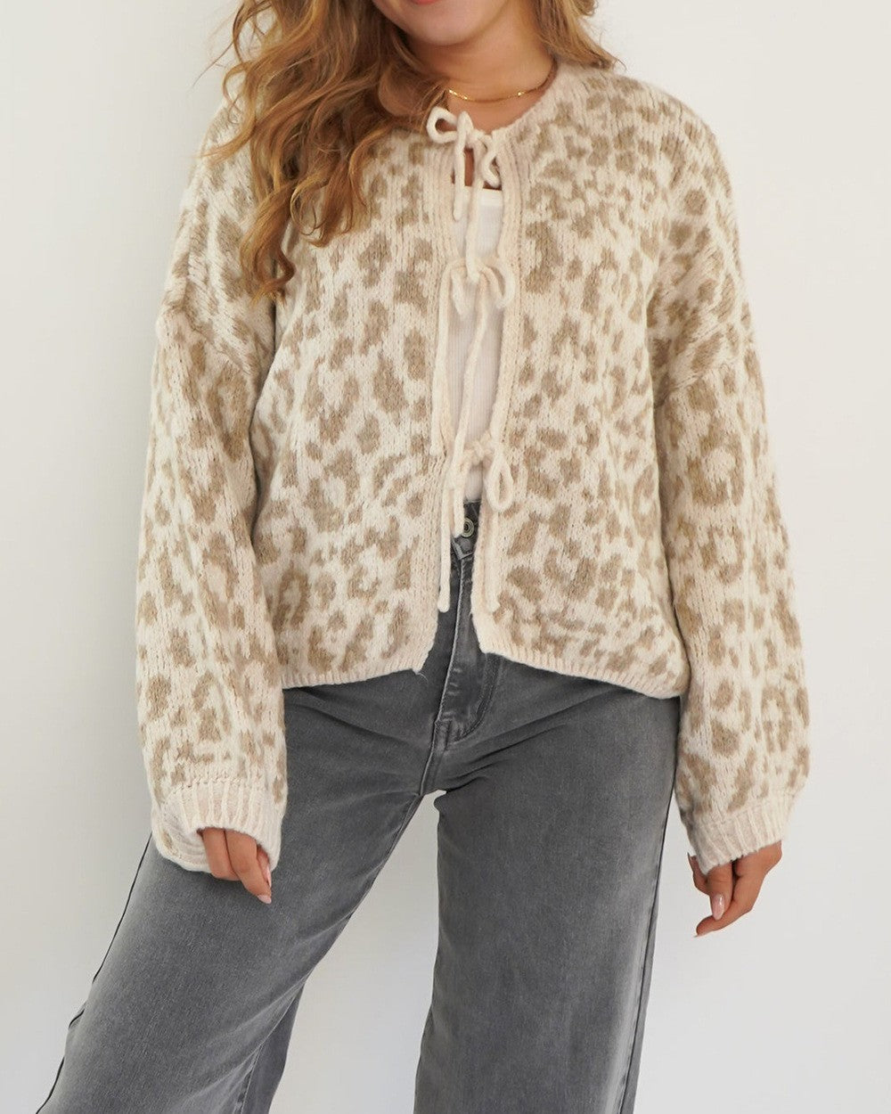 Fuzzy Leopard Knit Tie Front Cardigan - Khaki