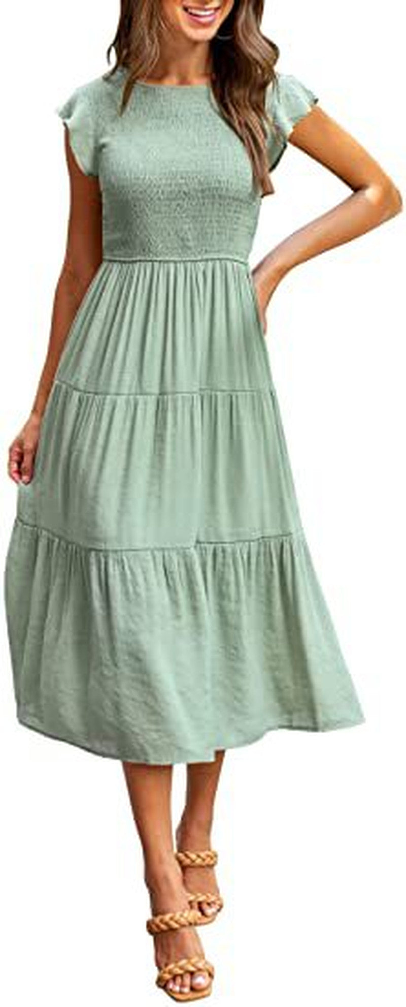 Flutter Sleeve Smocked Tiered Midi Dress - Light_Green