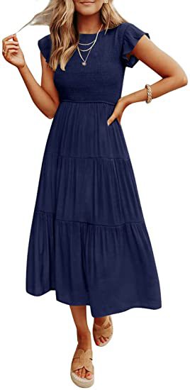 Flutter Sleeve Smocked Tiered Midi Dress - Navy