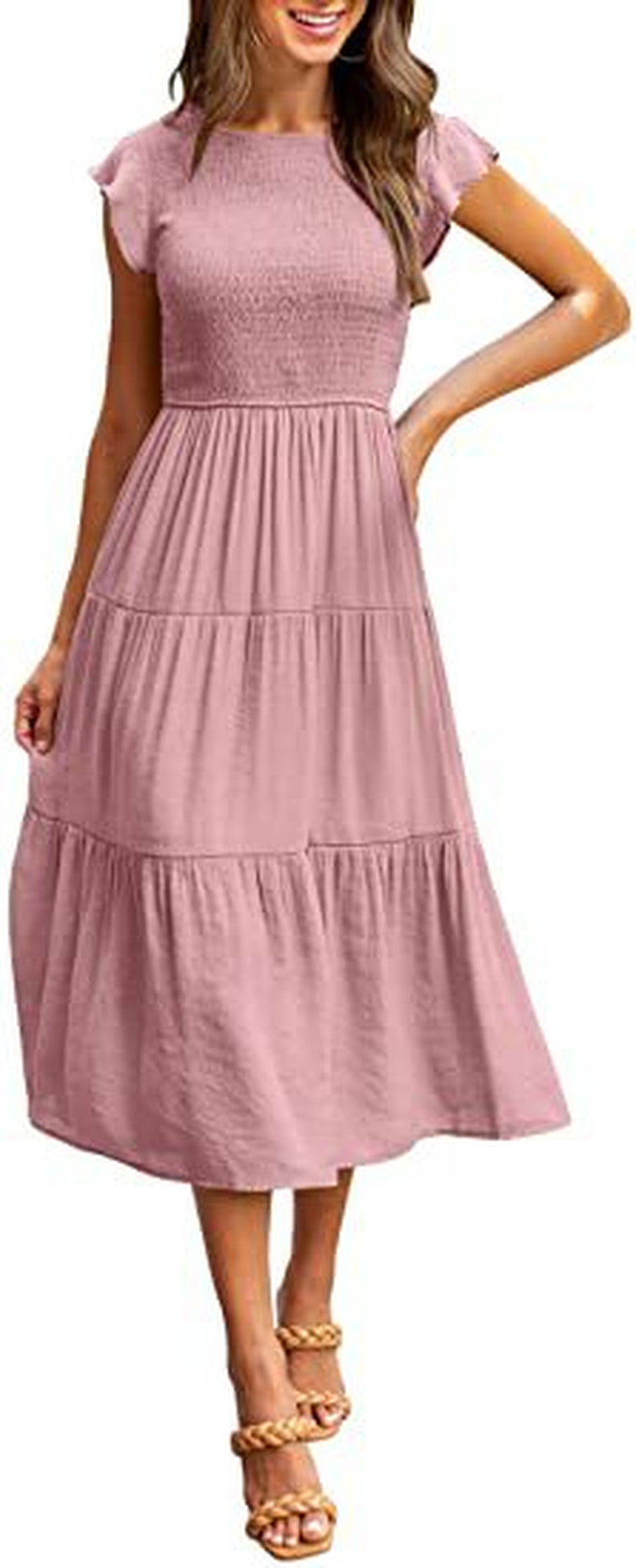 Flutter Sleeve Smocked Tiered Midi Dress - Pink
