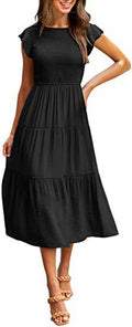 Flutter Sleeve Smocked Tiered Midi Dress - black
